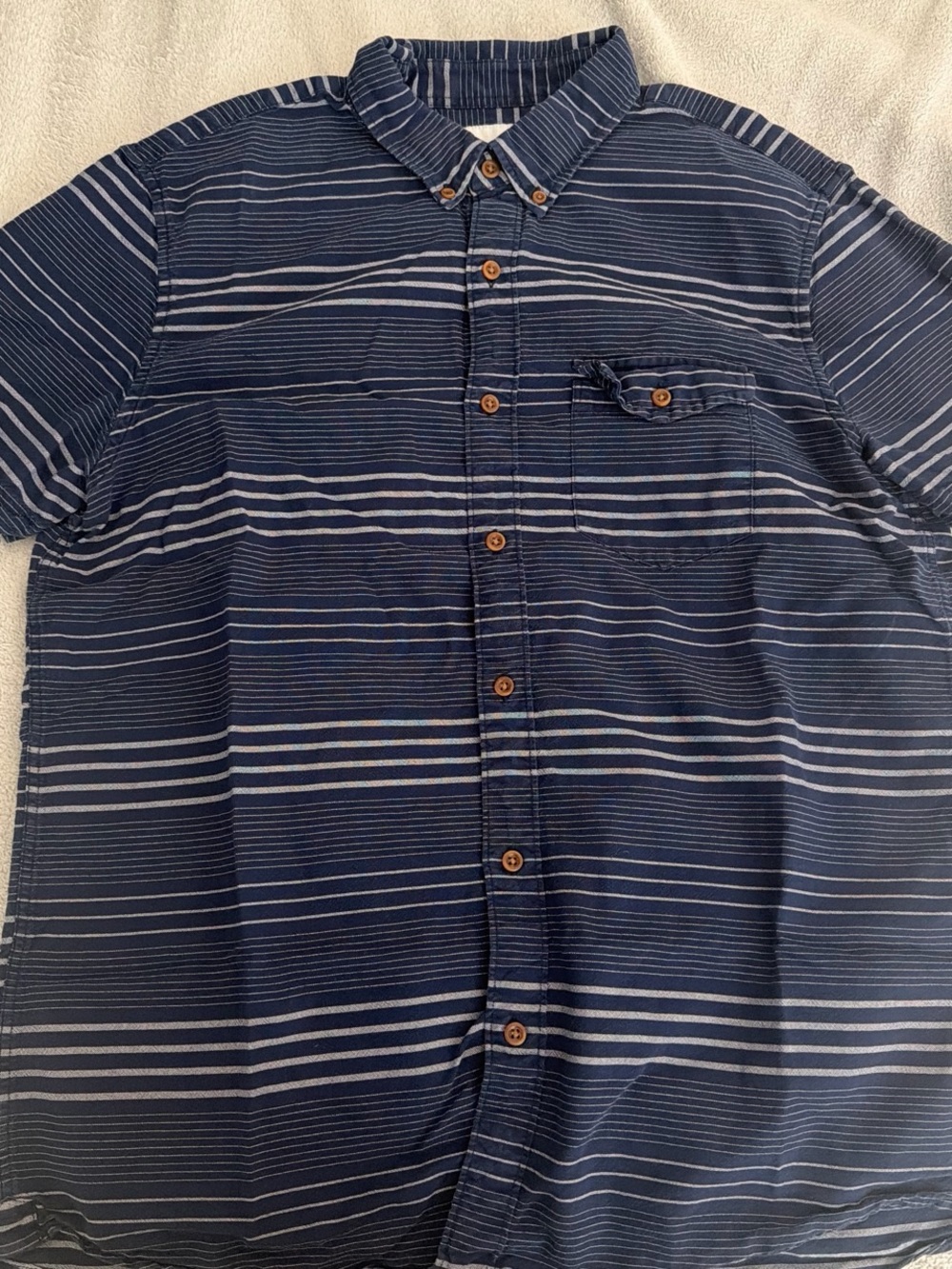 American Eagle Outfitters Navy and White Striped Short-Sleeve Button-Down Shirt